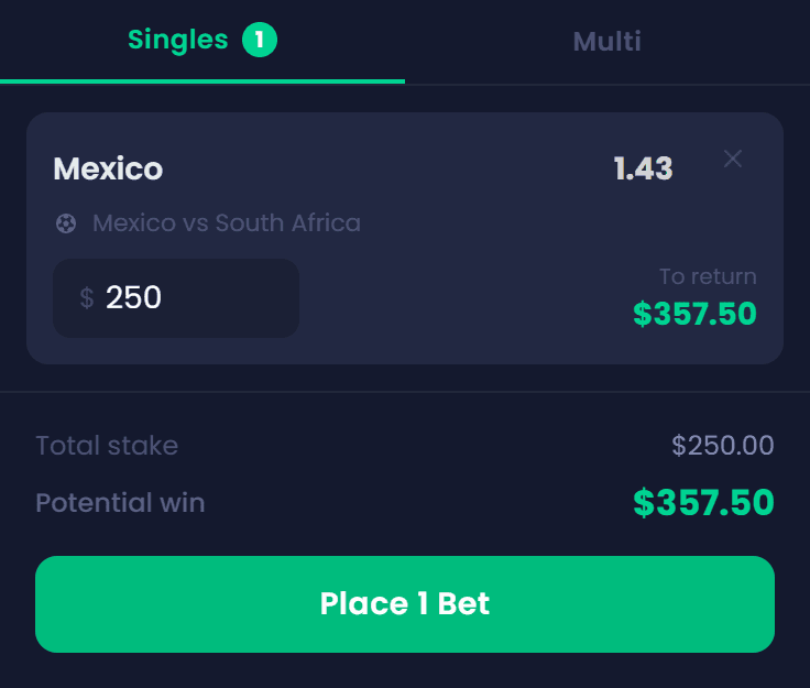 Betslip with a live pick, stake and potential win