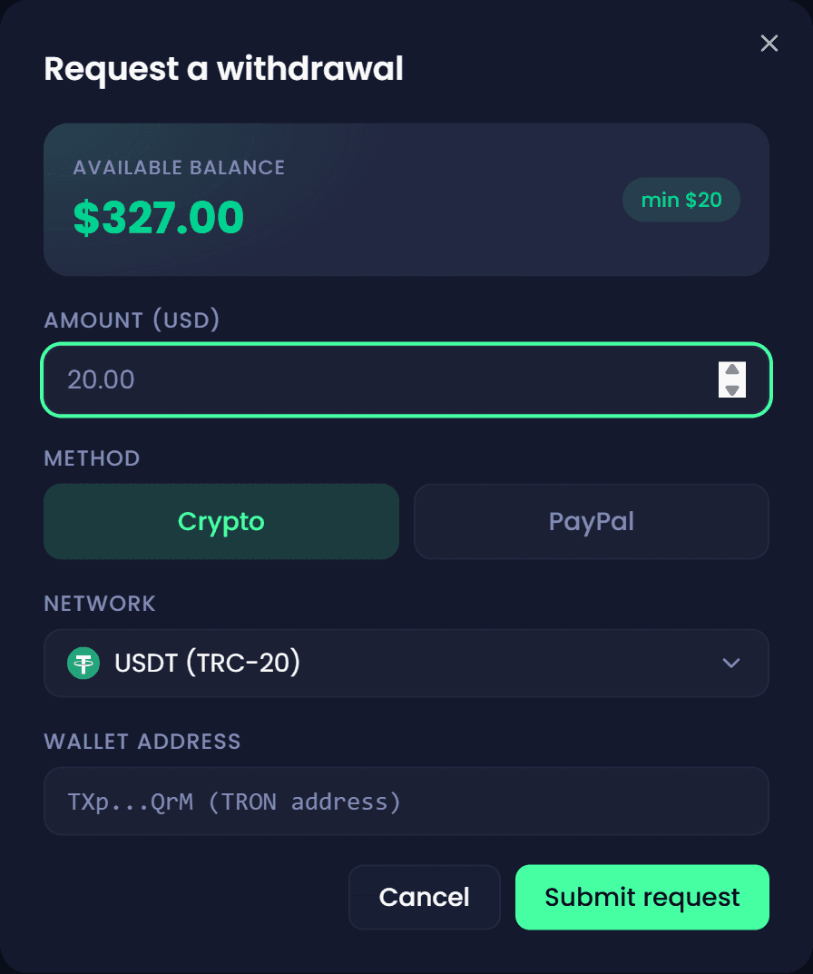 Withdrawal request dialog paying out in crypto
