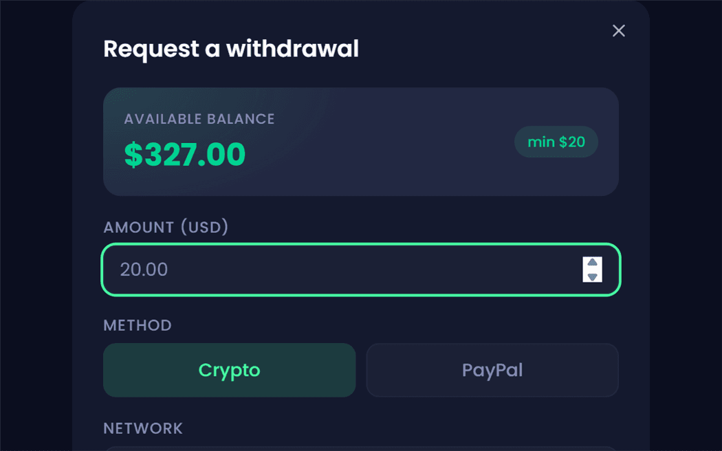 Withdrawal request dialog paying out in crypto
